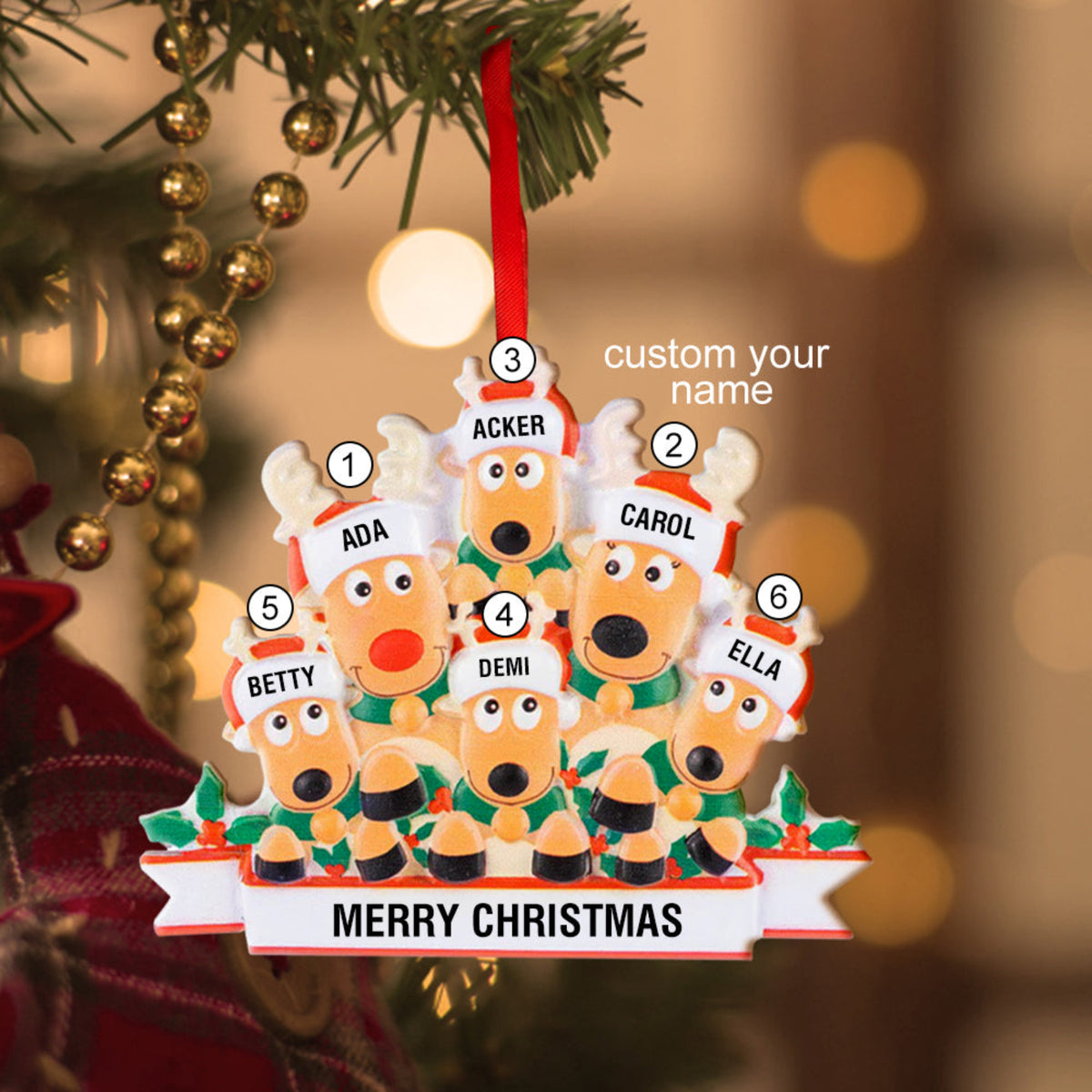 Personalized Reindeer Family Ornament with Custom Names, Resin Christmas Decoration
