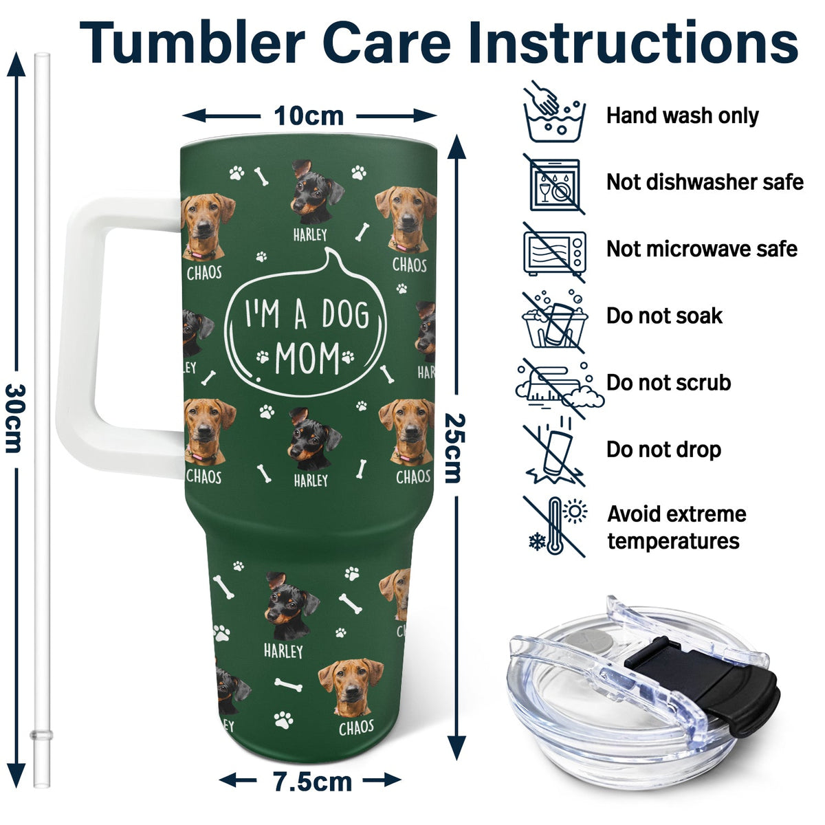 Green 40oz Dog Person Tumbler with Straw and "I'm A Dog Person" design. Includes care instructions and dimension details.