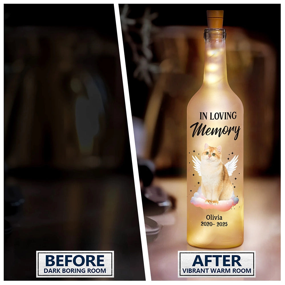 Custom Photo Bottle Light: Frosted glass with LED lights. Memorial gift. "Your Light Will Always Shine In My Heart".