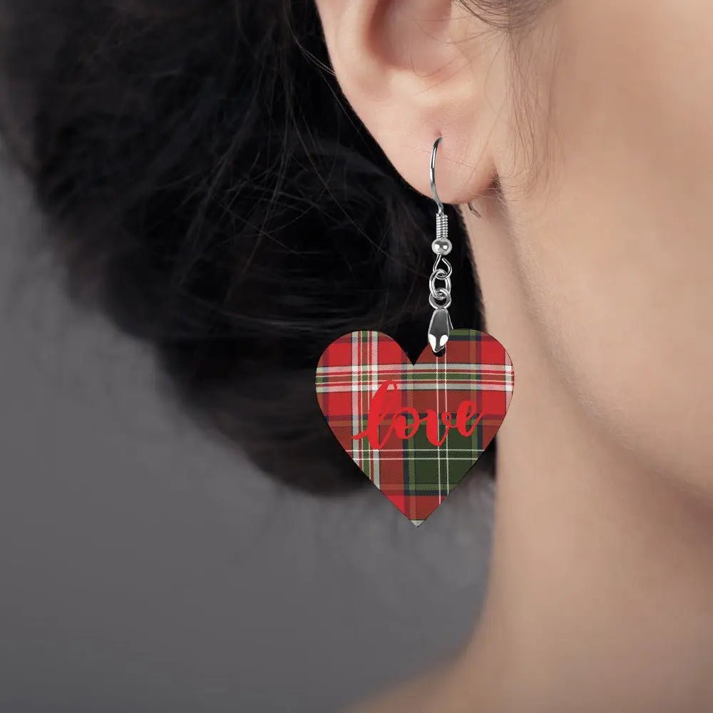 Tartan Wooden Heart Love Earring - Piryoung Shop