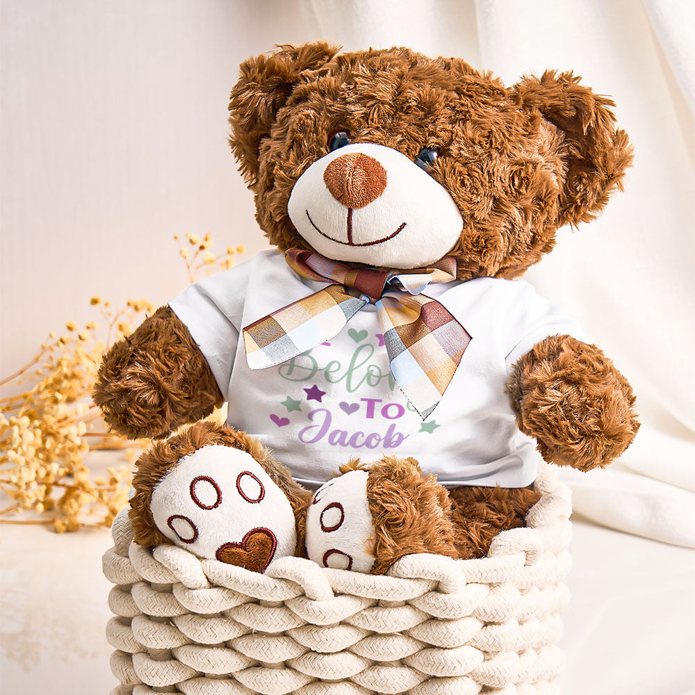 Personalized baby bear plush toy with custom name on t-shirt, baby shower gift