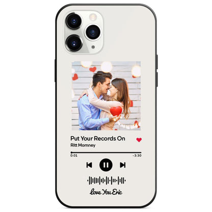 Custom white glass iPhone case with couple photo, scannable music code, song: Put Your Records On, personalized gift.