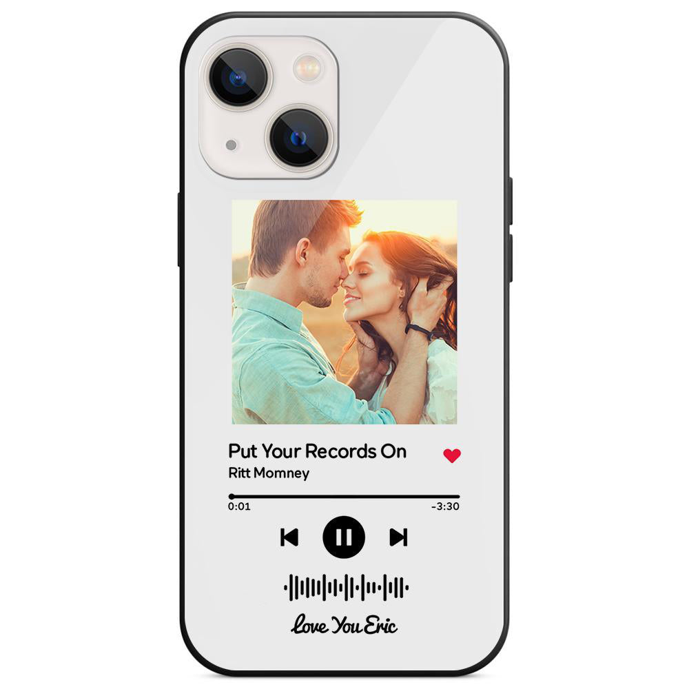 Custom white glass iPhone case with couple photo and scannable music code