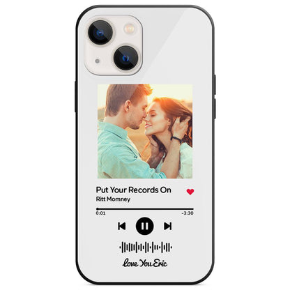 Custom white glass iPhone case with couple photo and scannable music code