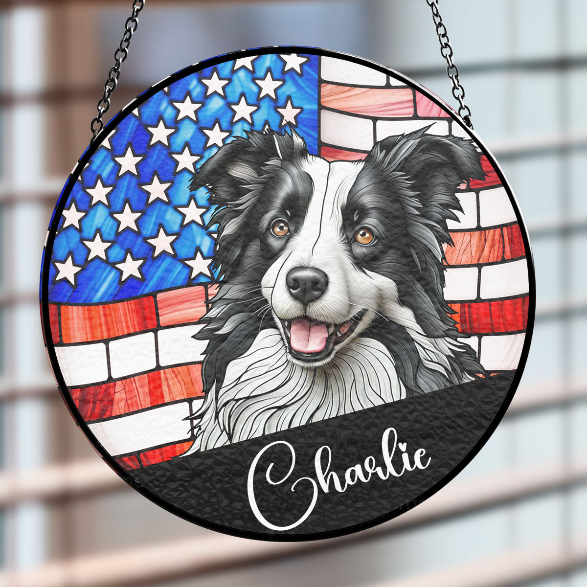Charlie Custom Portrait American Flag Suncatcher, stained glass window hanging decoration