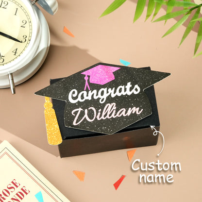 Personalized graduation money gift box with "Congrats William", graduation cap design. Ideal gift for graduates.