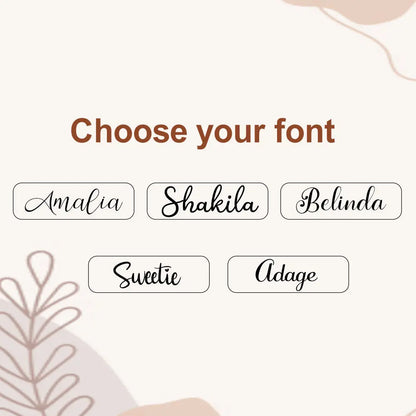 Font selection for personalized jewelry box. Choose from Aarfu, Shakila, Bokeda, Susta, Adoge styles.