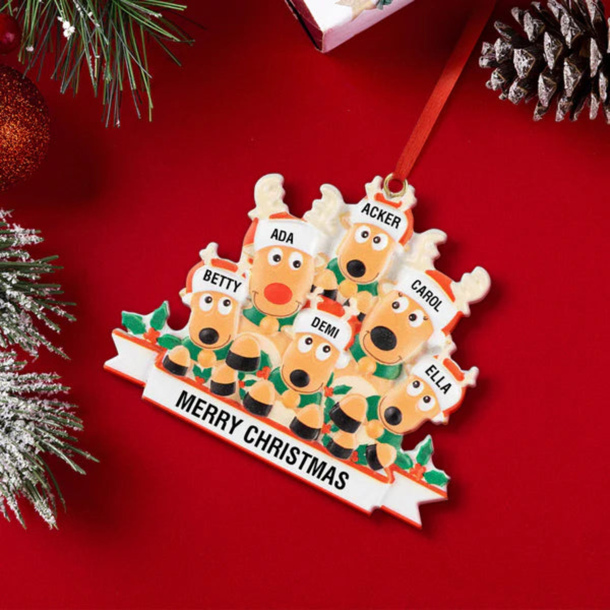 Personalized Reindeer Family Ornament with Custom Names and Merry Christmas Text, Resin Christmas Decoration