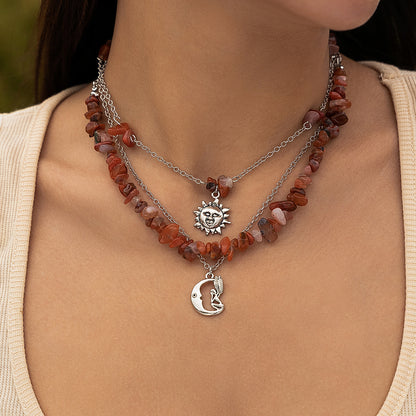 Natural Stone Bead Tassel Ethnic Style Layered Flower and Leaf necklace