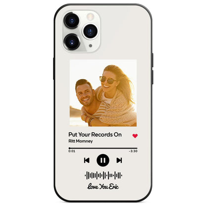 Custom white glass iPhone case with couple photo and scannable music code, song: Put Your Records On, personalized gift