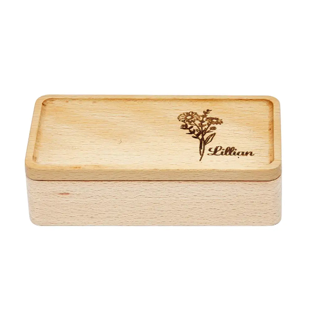 Personalized wooden birth flower jewelry box with custom name engraving, perfect gift for her.