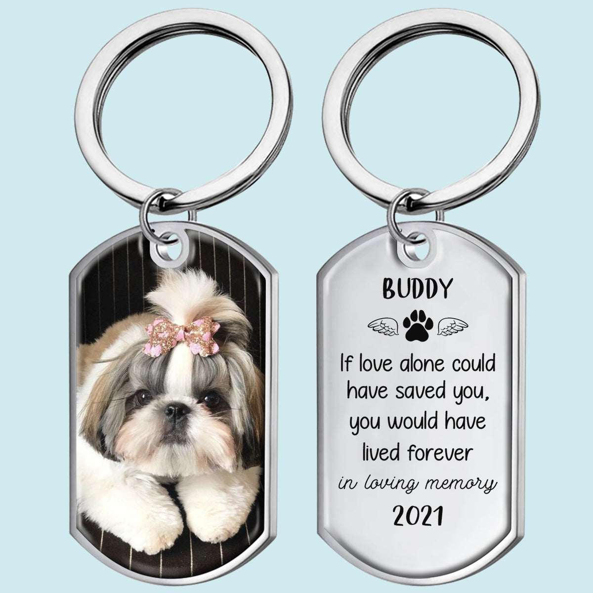 Custom stainless steel pet memorial keychain with photo and quote, personalized gift