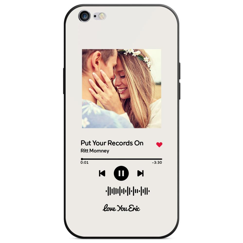 Custom white glass iPhone case with couple photo and "Put Your Records On" music code.