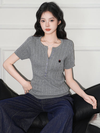 Neck Lightweight Knit Short Sleeve V-Neck Tee