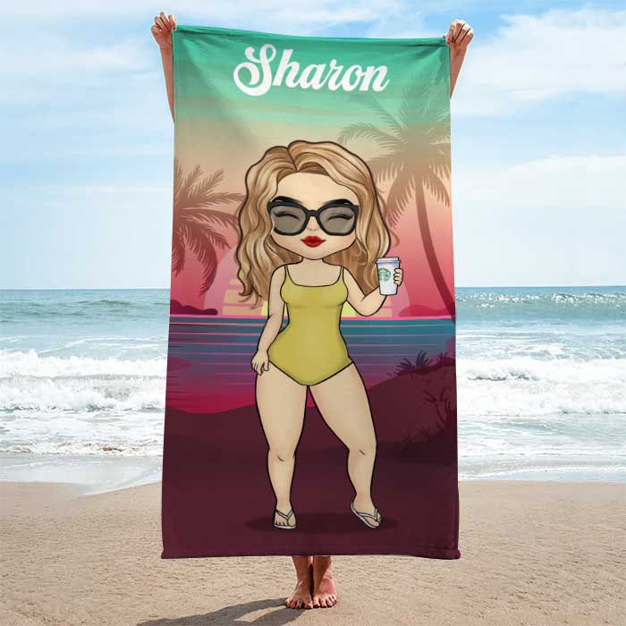 Custom beach towel with cartoon illustration, personalized name and summer sunset design, a perfect gift for bestie.