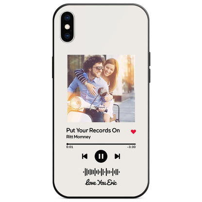 Custom white glass iPhone case with couple photo and scannable music code, song: Put Your Records On, personalized gift.