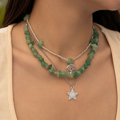 Natural Stone Bead Tassel Ethnic Style Layered Flower and Leaf necklace