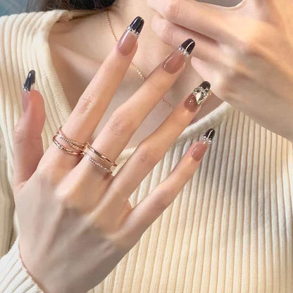 Black French Long Wearing Nail Rhinestone Love Chain False Nail Patch