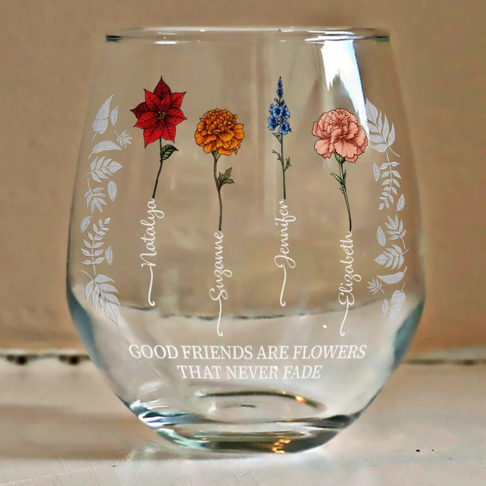 Personalized stemless wine glass with birth flower design, perfect bestie gift, crafted from high-quality glass