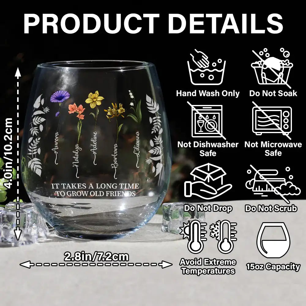 Personalized stemless wine glass with floral design and 'If friends were flowers' quote, for bestie Samantha.