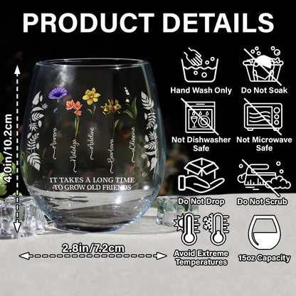 Personalized stemless wine glass with floral design and 'If friends were flowers' quote, for bestie Samantha.