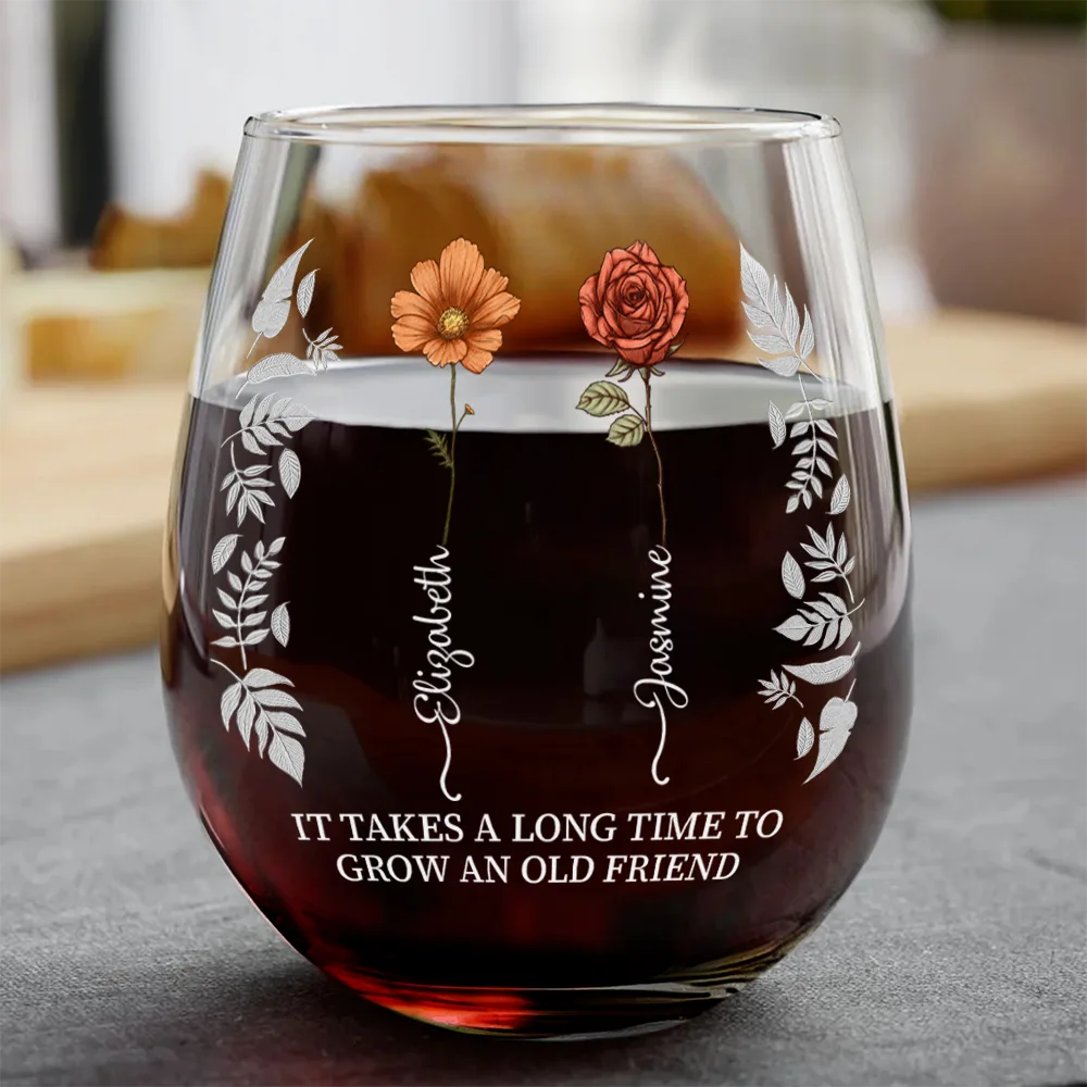 Personalized Stemless Wine Glass with Birth Flower Design, Bestie Gift