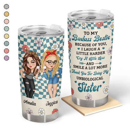 Personalized tumbler for best friends with custom illustrations and quote, stainless steel, ideal gift