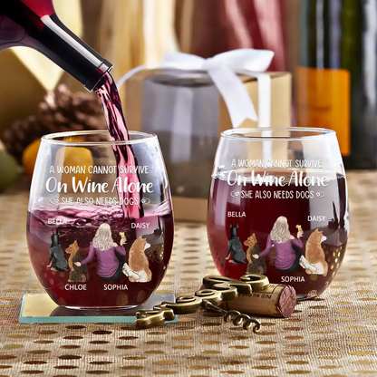 Dog Mom wine glass with custom quote and dog illustration, perfect gift for dog lovers.