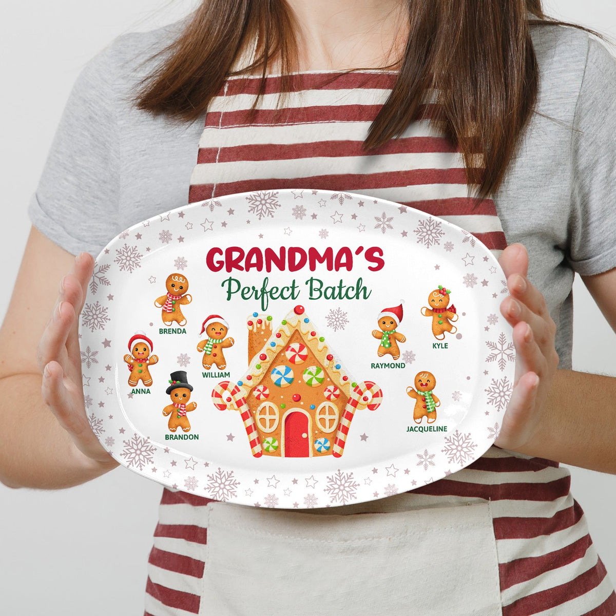 Personalized Grandma's Perfect Batch platter with gingerbread design, BPA-Free plastic, Christmas gift.