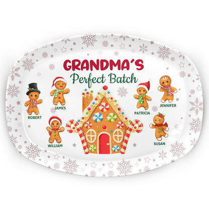 Personalized Grandma's Perfect Batch platter, Christmas gift, BPA-Free plastic, gingerbread design.