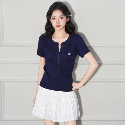 Neck Lightweight Knit Short Sleeve V-Neck Tee