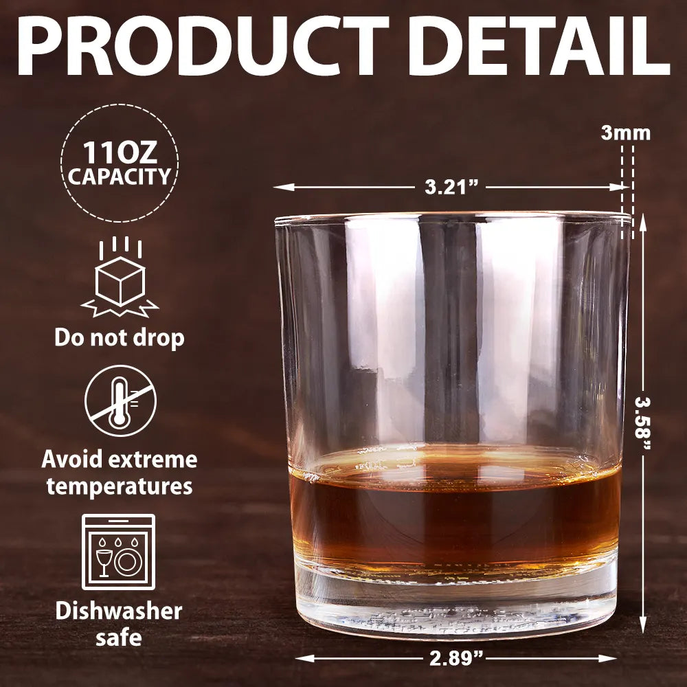 Whiskey glass with dimensions and features detailed, perfect for gifts, showcasing 11oz capacity and dishwasher safe design.