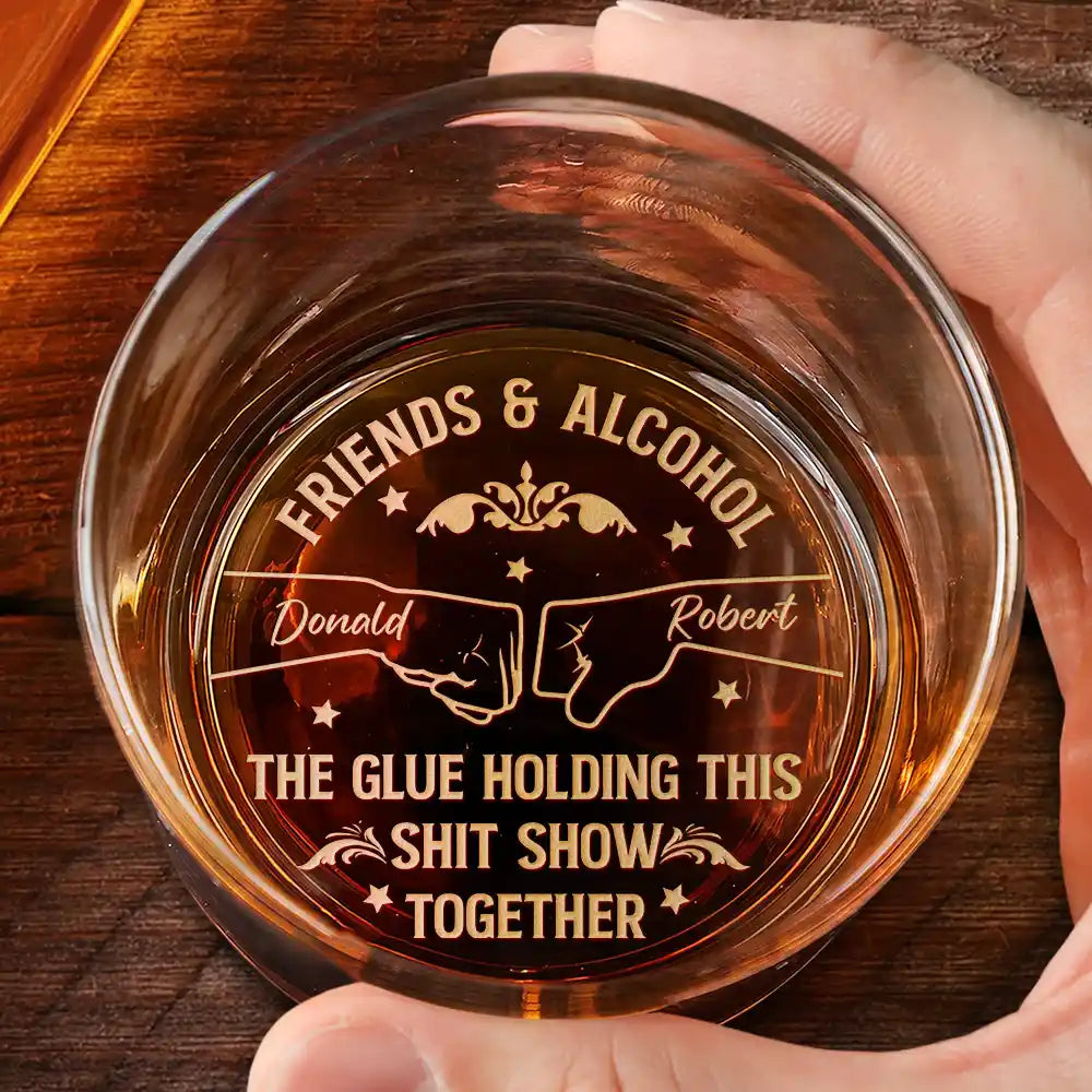 Personalized engraved whiskey glass with "Friends & Alcohol" message, perfect friendship gift.
