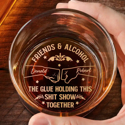 Personalized engraved whiskey glass with "Friends & Alcohol" message, perfect friendship gift.