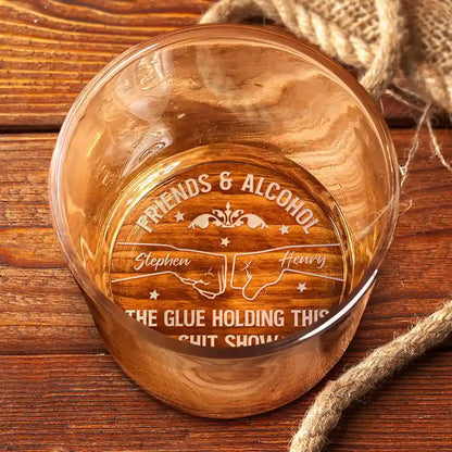 Engraved whiskey glass with "Friends & Alcohol" message, personalized friendship gift.