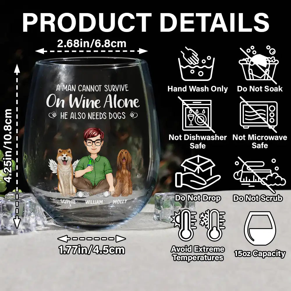 Stemless wine glass with dog mom quote, featuring hand wash instructions and product details