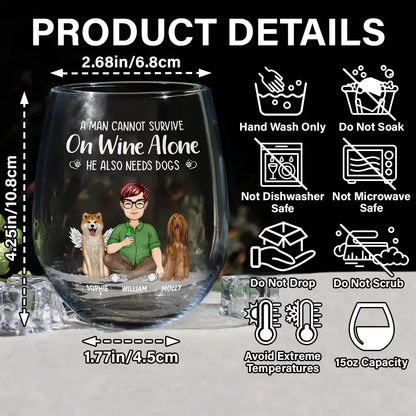 Stemless wine glass with dog mom quote, featuring hand wash instructions and product details