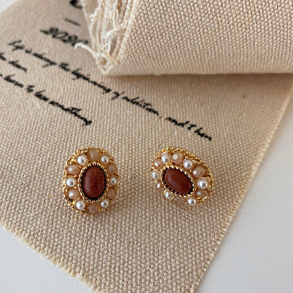 Natural Stone Crystal Pearl Stud Earrings