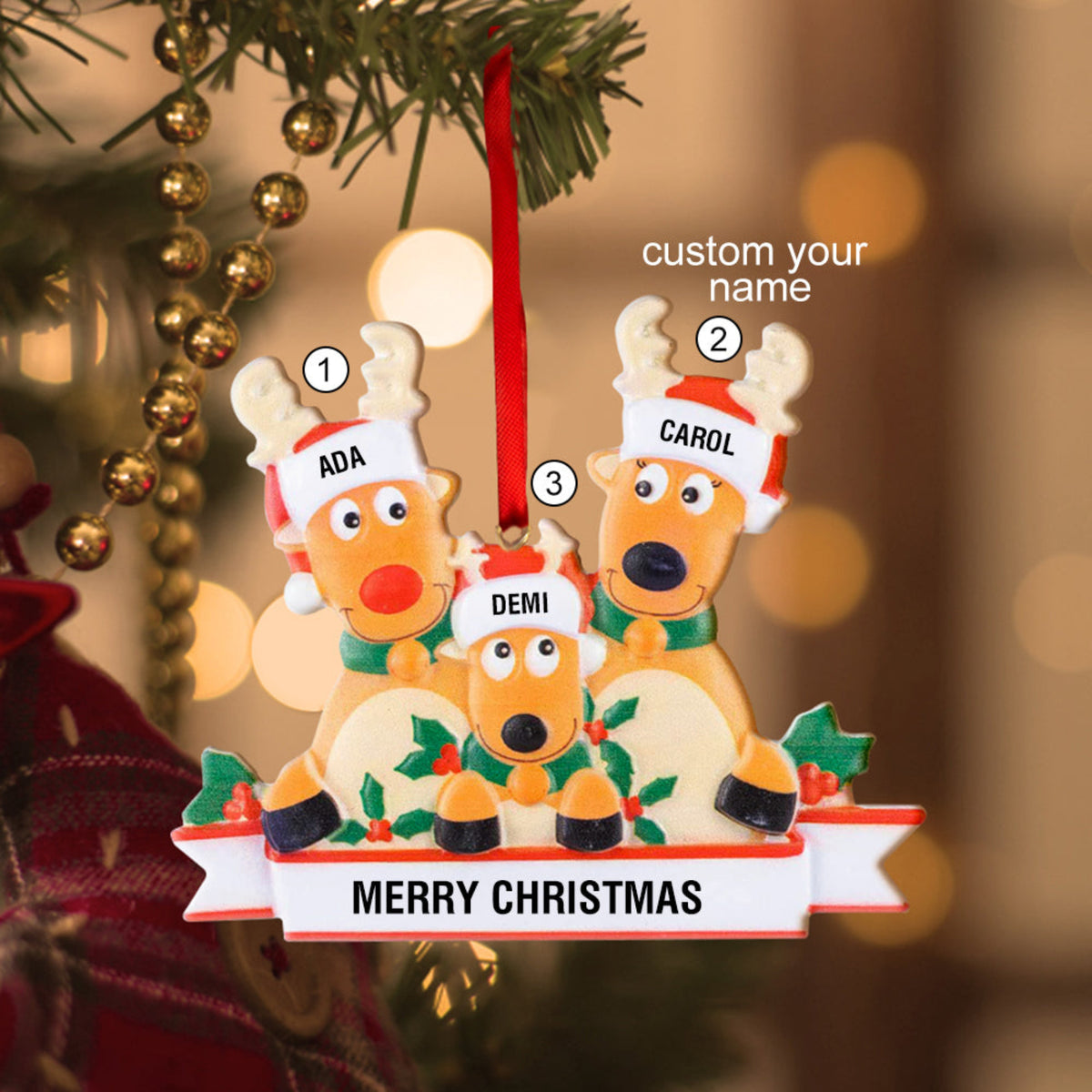 Personalized Reindeer Family Christmas Ornament with Custom Names. Resin material, festive Christmas decoration.