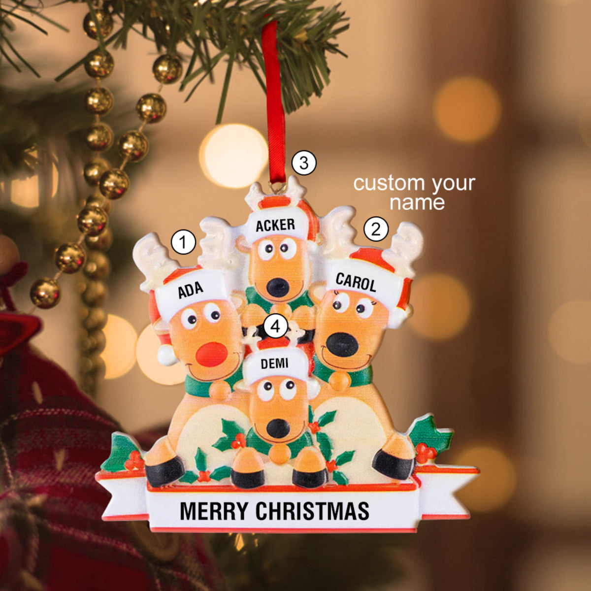 Personalized Reindeer Family Christmas Ornament with Custom Names, Resin decoration, Merry Christmas