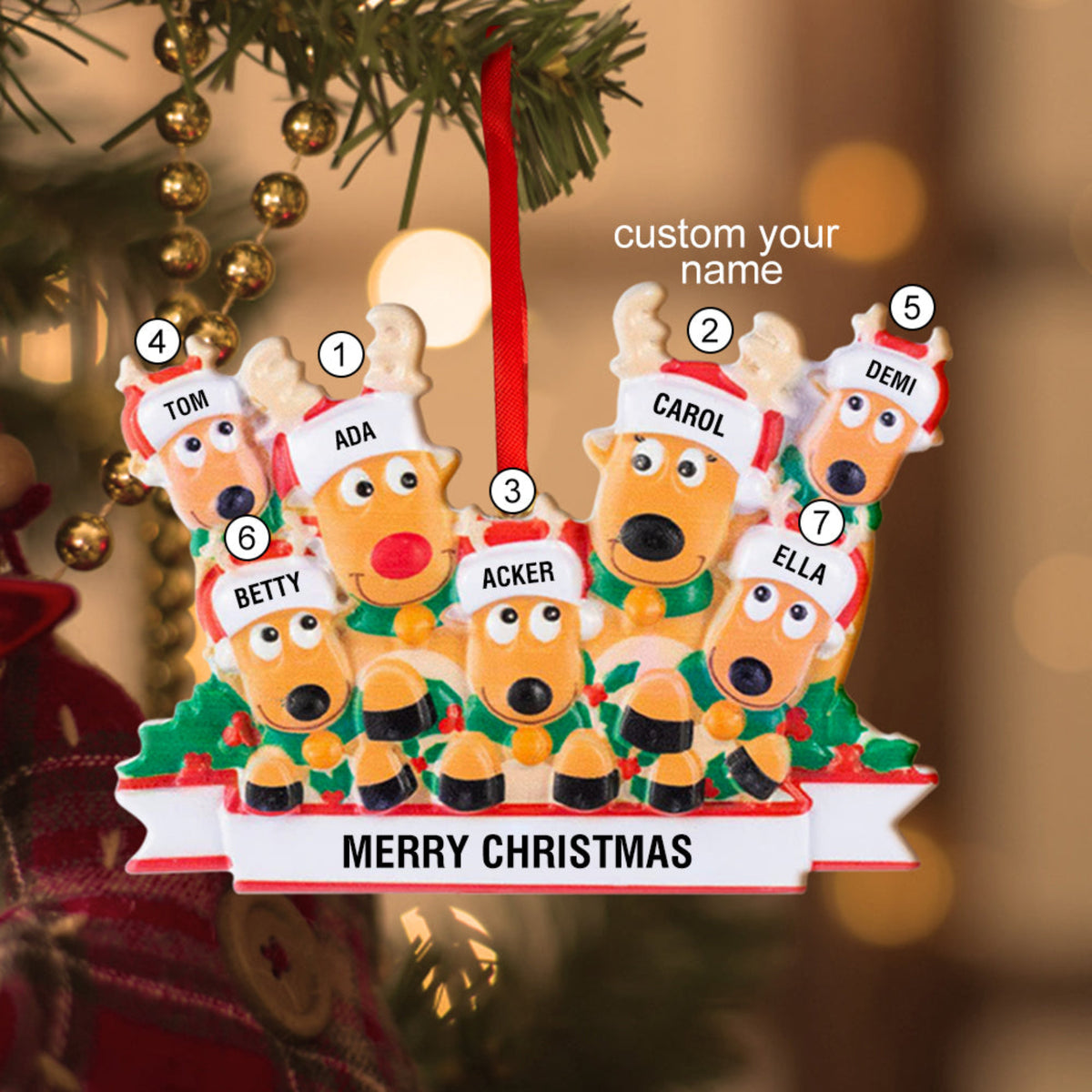 Personalized Reindeer Family Ornament with names, resin, Merry Christmas decoration