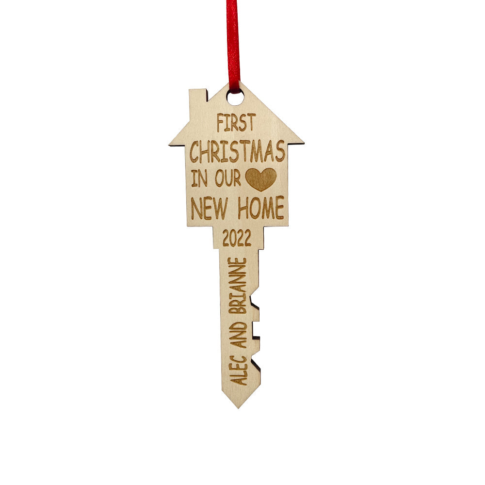Engraved wooden key ornament, 'First Christmas in Our New Home' housewarming gift, 2022.