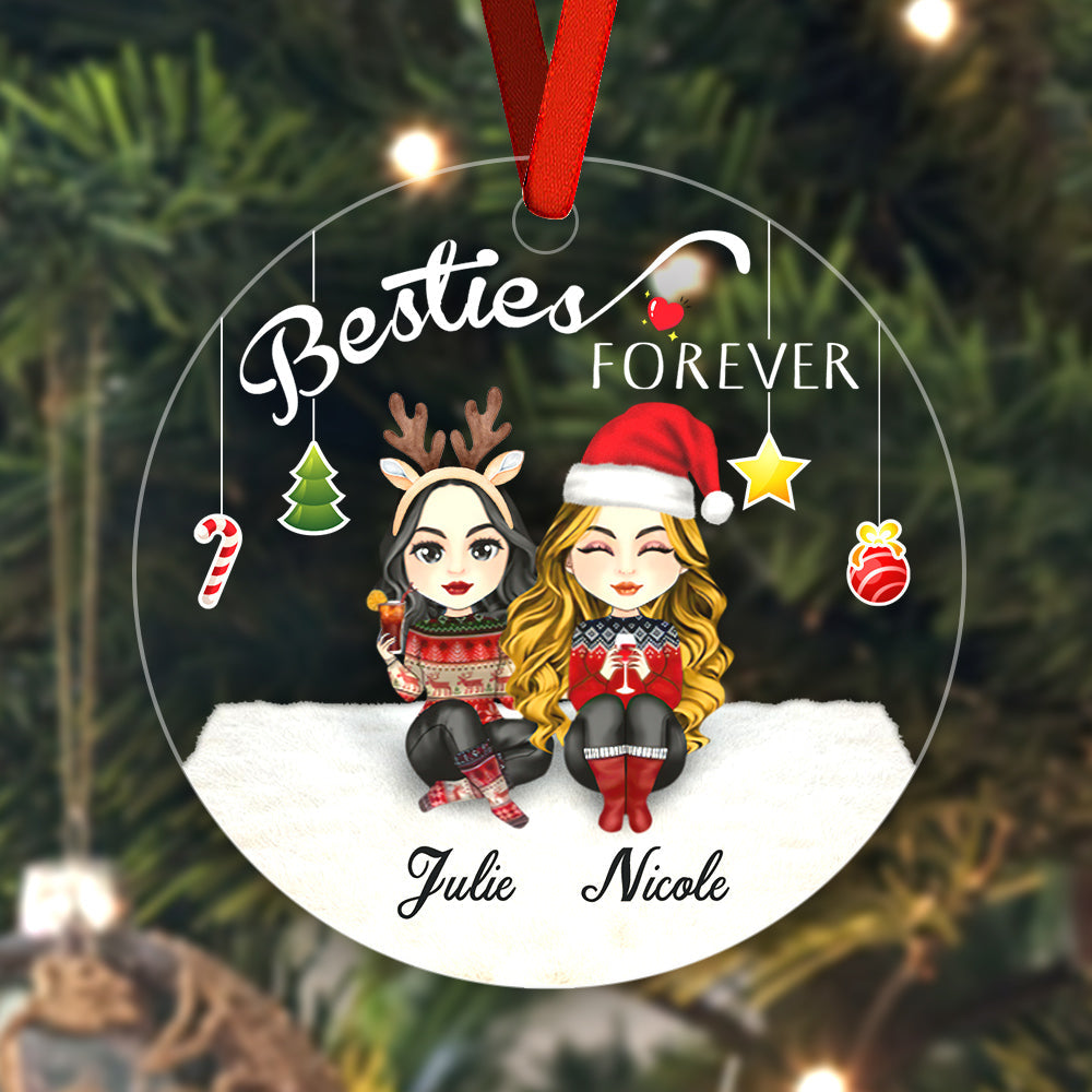 Besties Forever custom engraved acrylic ornament with two figures, personalized Christmas gift for friends.