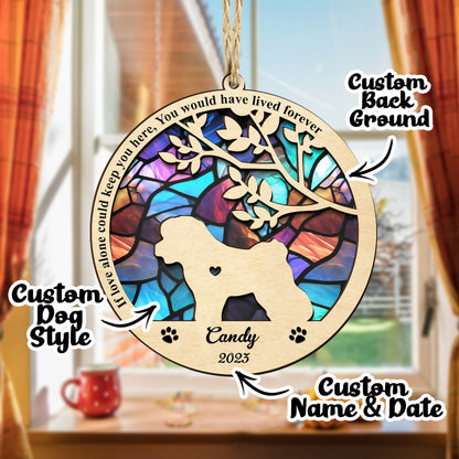 Personalized dog memorial suncatcher, custom name and date, wooden ornament with stained glass effect, pet loss gift.