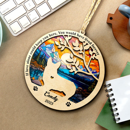 Dog memorial suncatcher, wooden ornament with custom name, pet loss gift.