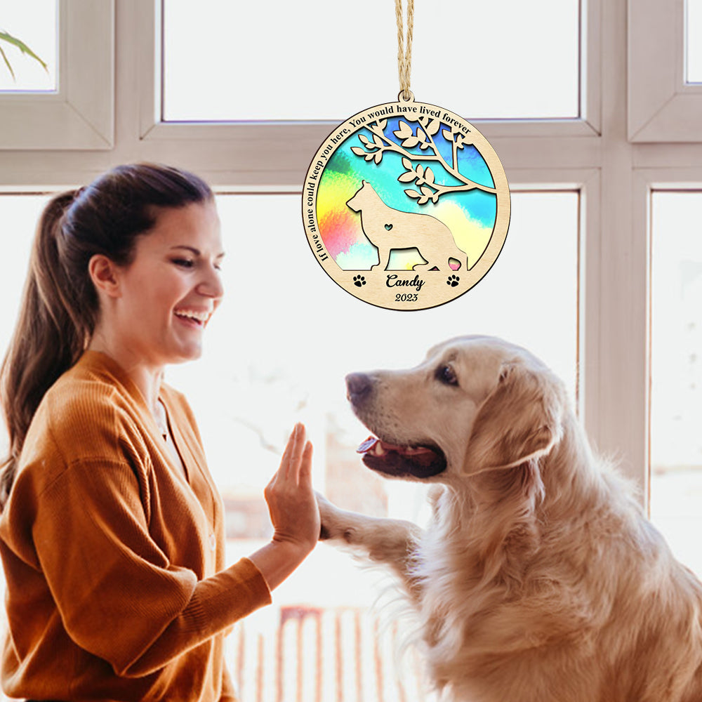 Personalized dog memorial suncatcher hanging near a window with a woman and a golden retriever, pet memorial gift.