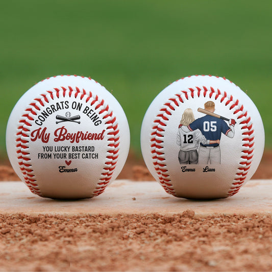 Personalized baseball gift for boyfriend with Congrats message, PU leather material.