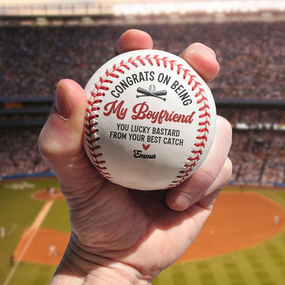 Personalized PU leather baseball gift with 'Congrats on being my Boyfriend' message, perfect for boyfriend.