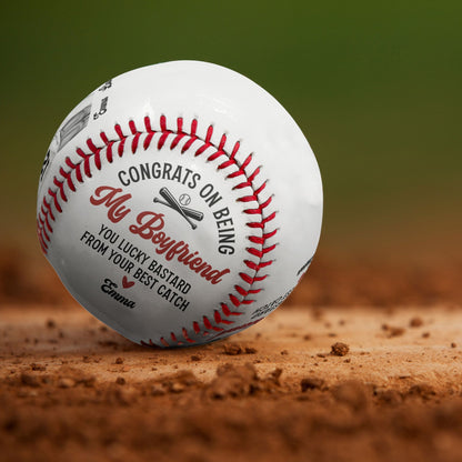 Personalized PU leather baseball gift with 'Congrats on being my Boyfriend' message, perfect for boyfriend.