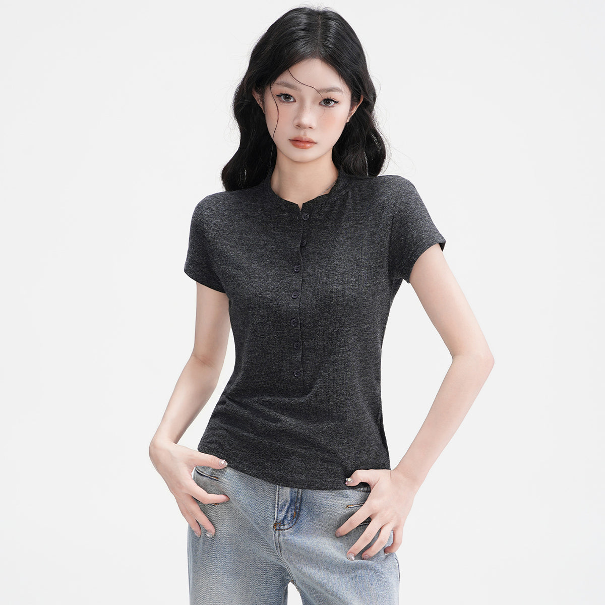 Half-Open Collar Buttoned Shoulder Tee